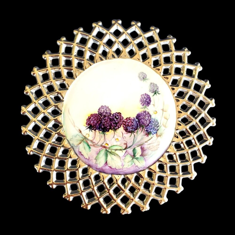 Vintage Hand Painted Collectible Lattice Reticulated Plate with Blackberries
